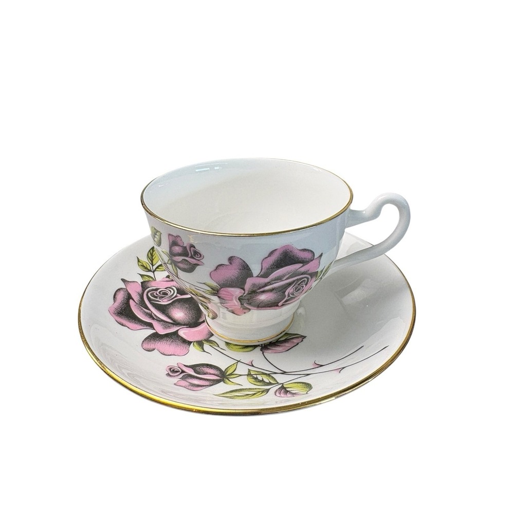 Imperial Fine English Bone China Pink Rose Tea Cup Saucer 22K Gold